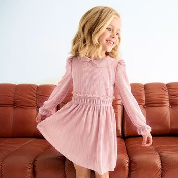 Girls Pink Ruffle Plissé Dress